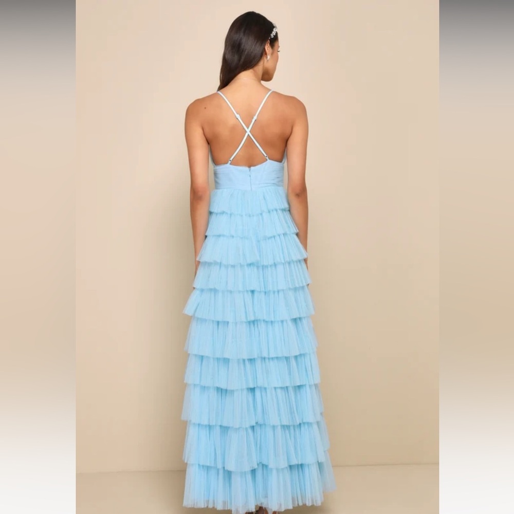 Lulus Radiant Event Light Blue Mesh Tiered Pleated Backless Maxi Dress - Picture 2 of 12